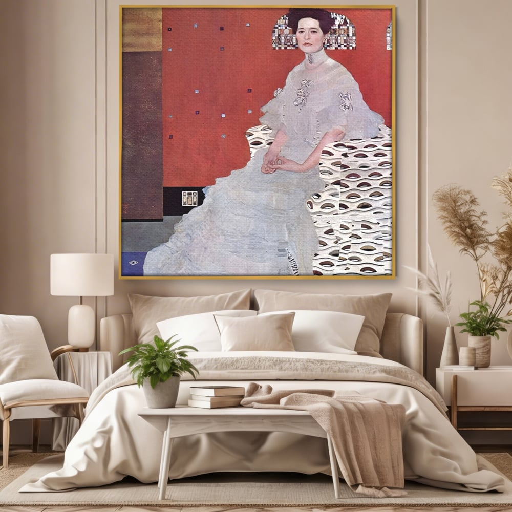 Tablou canvas cu reproducere pictura fritza riedler de klimt, in rama de aluminiu auriu, pe perete intr-un dormitor