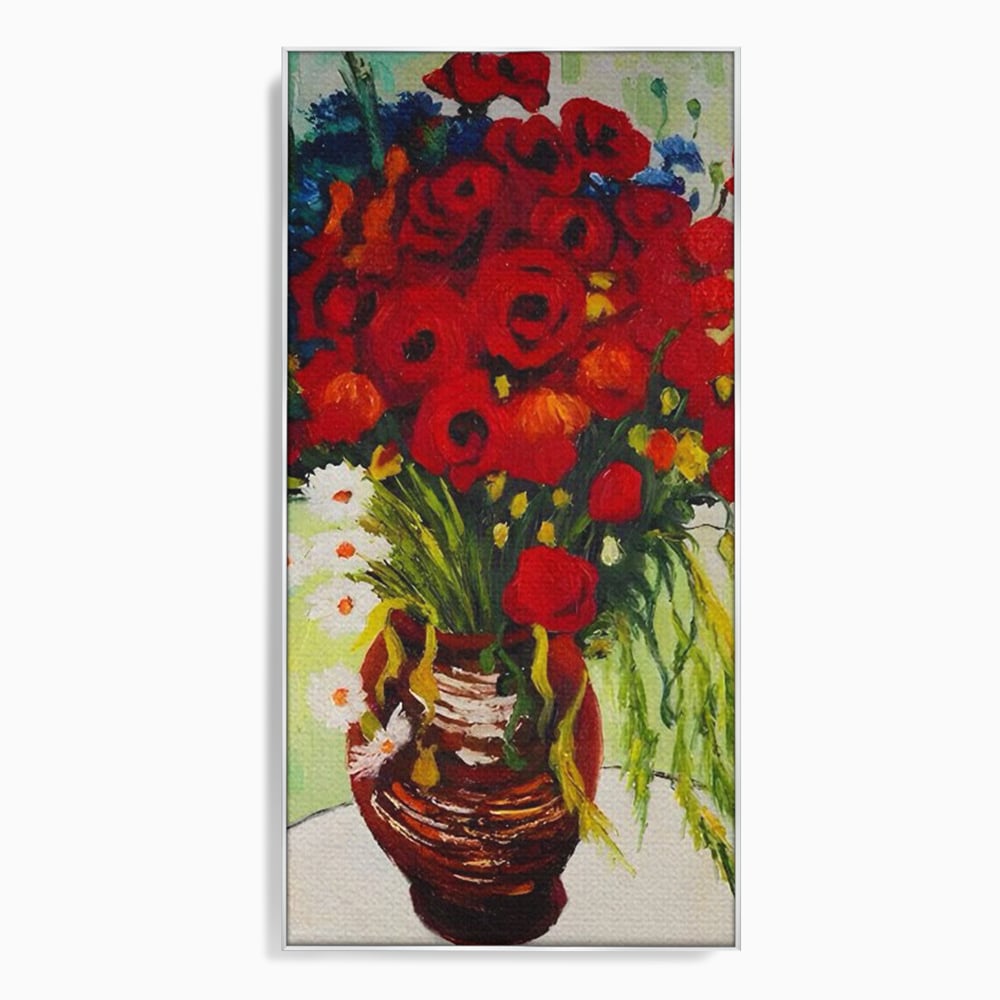 Tablou canvas cu pictura cu vaza plina de maci, in rama de aluminiu argintiu
