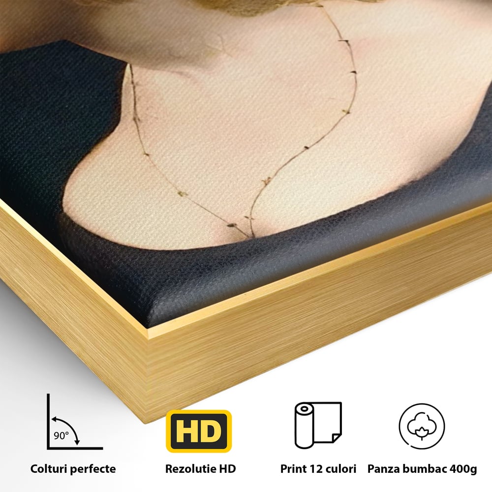 Detaliu al suprafetei: tablou canvas cu portretul unei tinere, in rama de aluminiu auriu