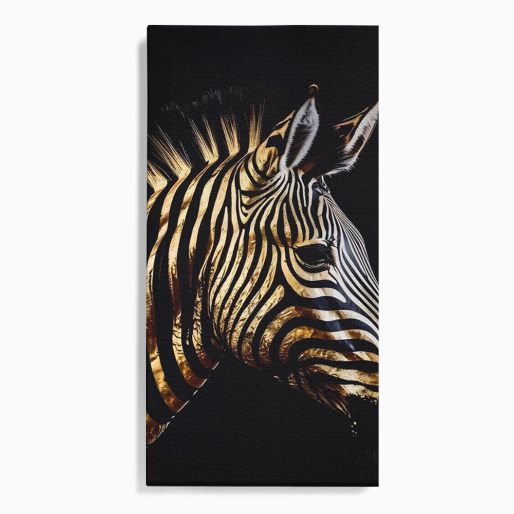 Tablou canvas cu tablou canvas cu cap de zebra aurie, fara rama, pe sasiu de lemn