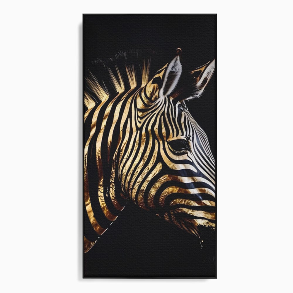Tablou canvas cu tablou canvas cu cap de zebra aurie, in rama de aluminiu negru