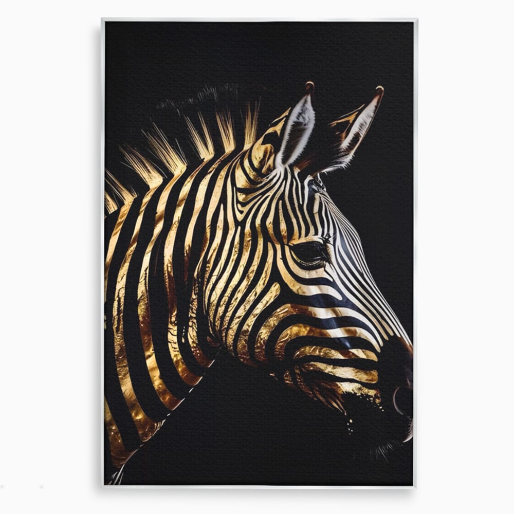 Tablou canvas cu tablou canvas cu cap de zebra aurie, in rama de aluminiu argintiu