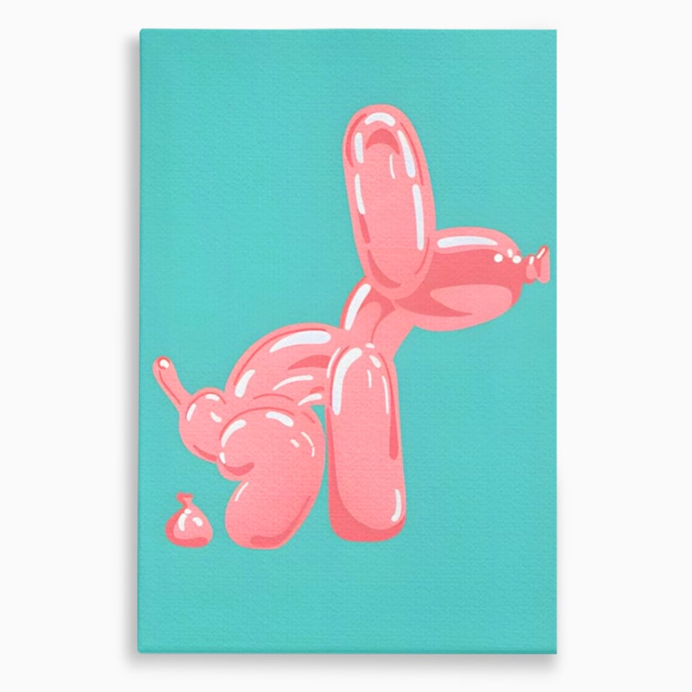 Tablou canvas cu ilustratie caine balon roz, fara rama, pe sasiu de lemn