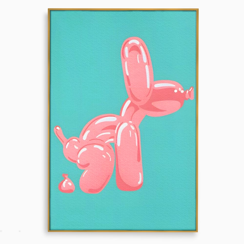 Tablou canvas cu ilustratie caine balon roz, in rama de aluminiu auriu