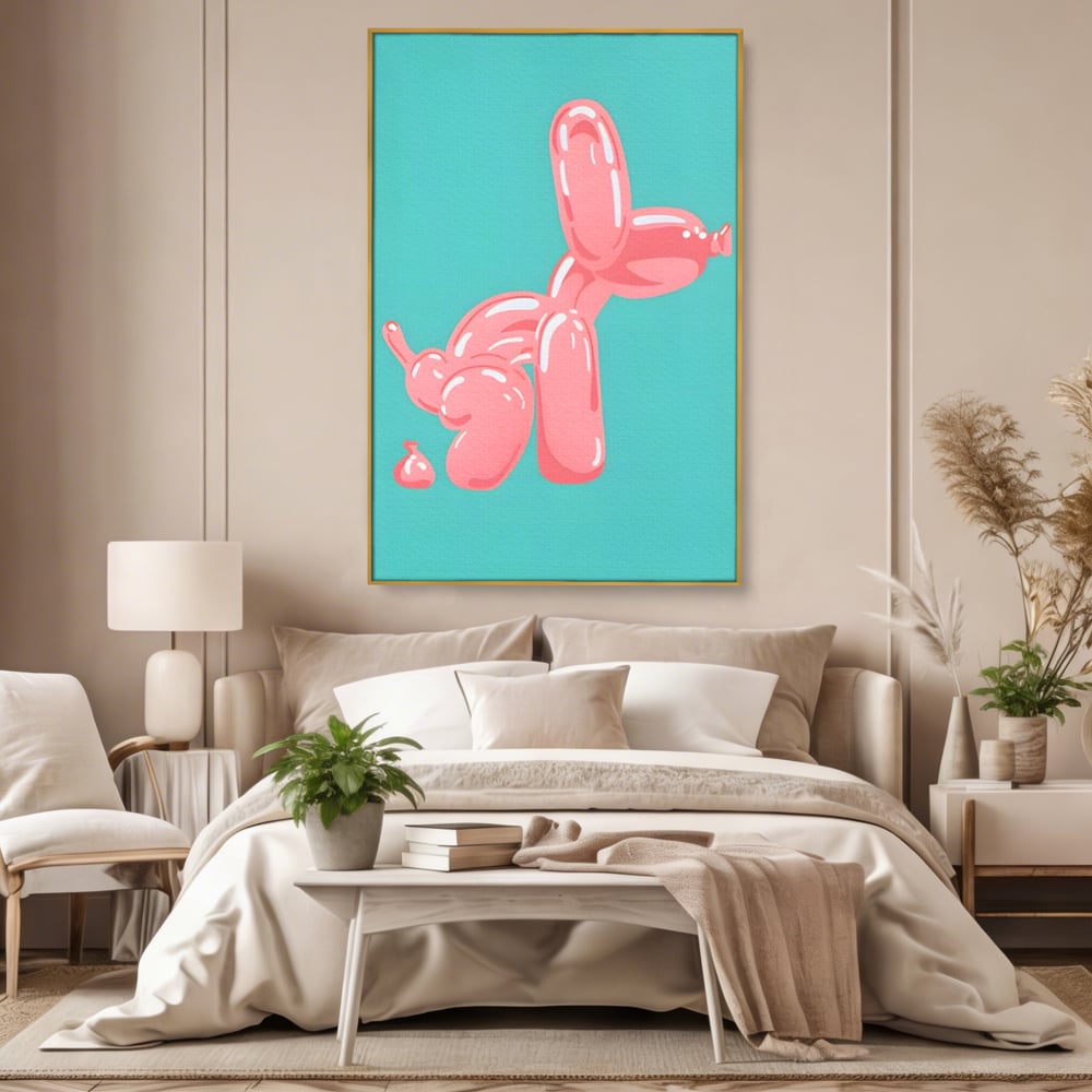 Tablou canvas cu ilustratie caine balon roz, in rama de aluminiu auriu, pe perete intr-un dormitor