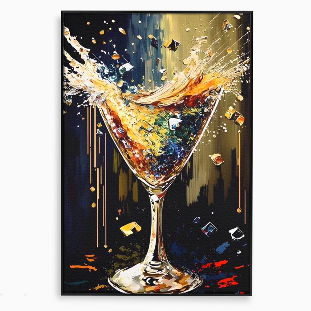 Tablou canvas cu tablou canvas cu pahar de cocktail in plina explozie de culori, in rama de aluminiu negru