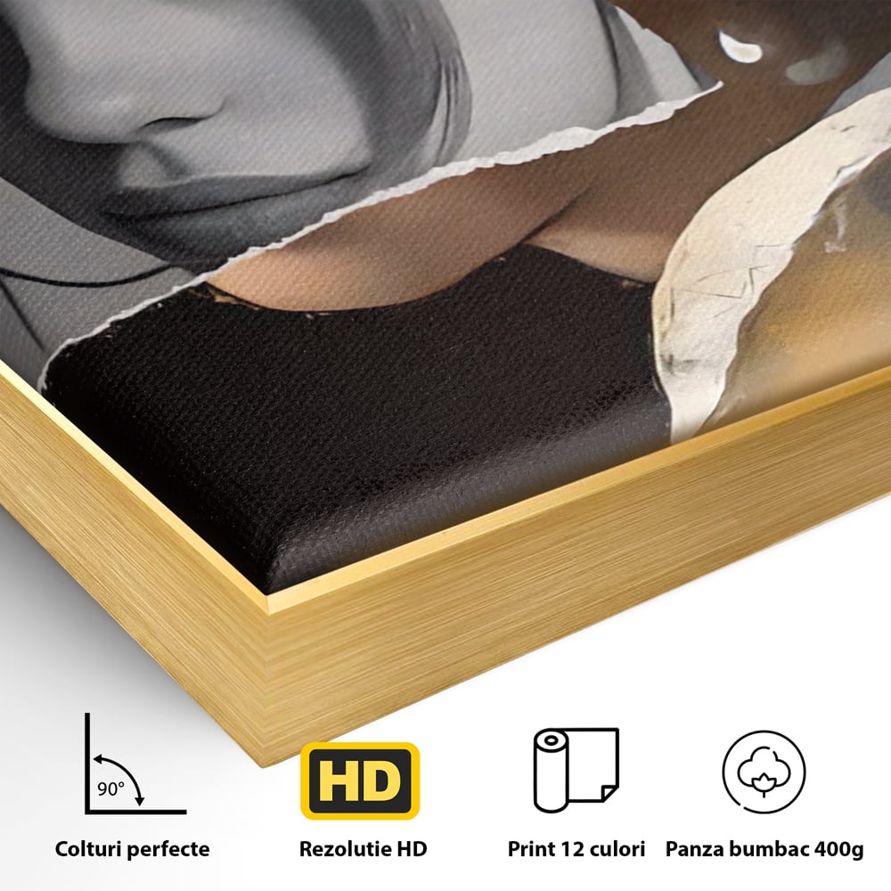 Detaliu al suprafetei: tablou canvas portret feminin modern, in rama de aluminiu auriu