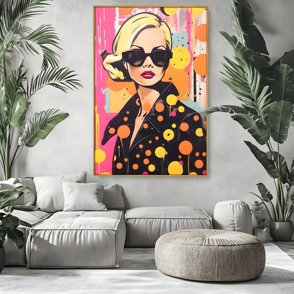 Tablou canvas cu tablou canvas portret femeie ochelari, in rama de aluminiu auriu, pe perete intr-un living