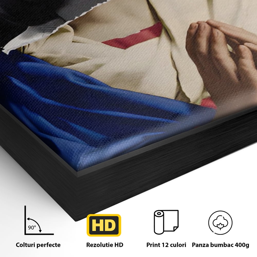 Detaliu al suprafetei: tablou canvas cu colaj suprarealist, in rama de aluminiu negru