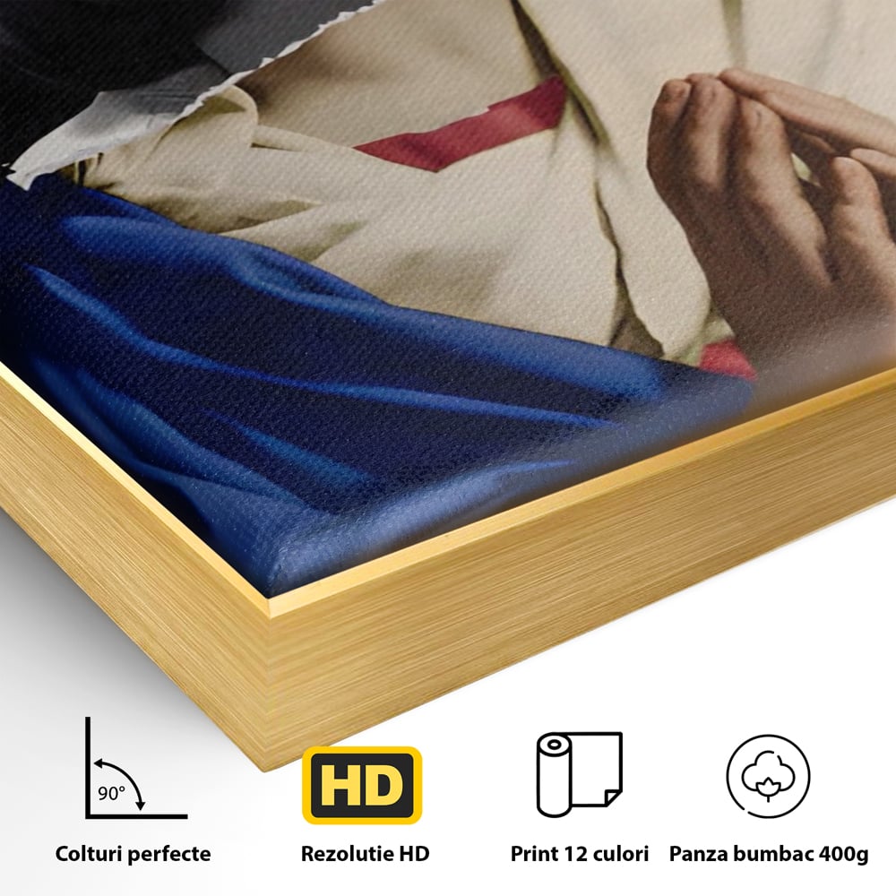 Detaliu al suprafetei: tablou canvas cu colaj suprarealist, in rama de aluminiu auriu