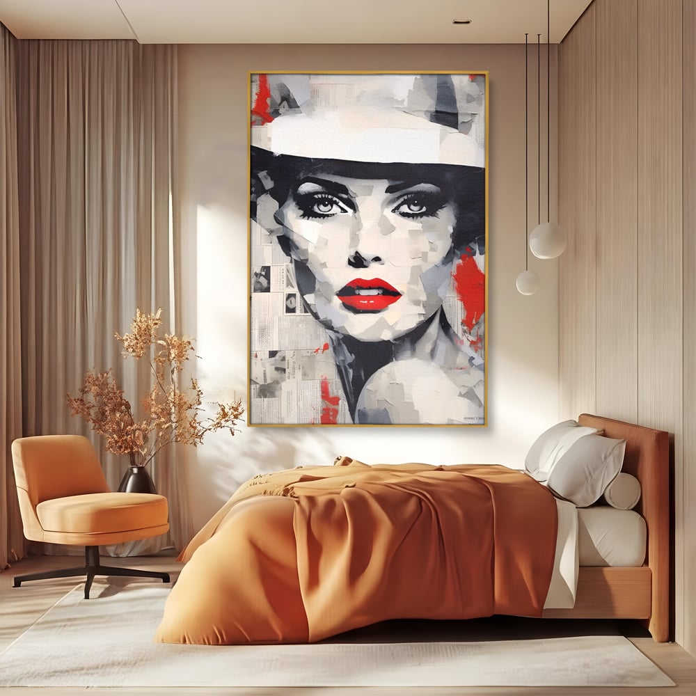 Tablou canvas cu tablou portret femeie cu buze rosii, in rama de aluminiu auriu, pe perete intr-un dormitor