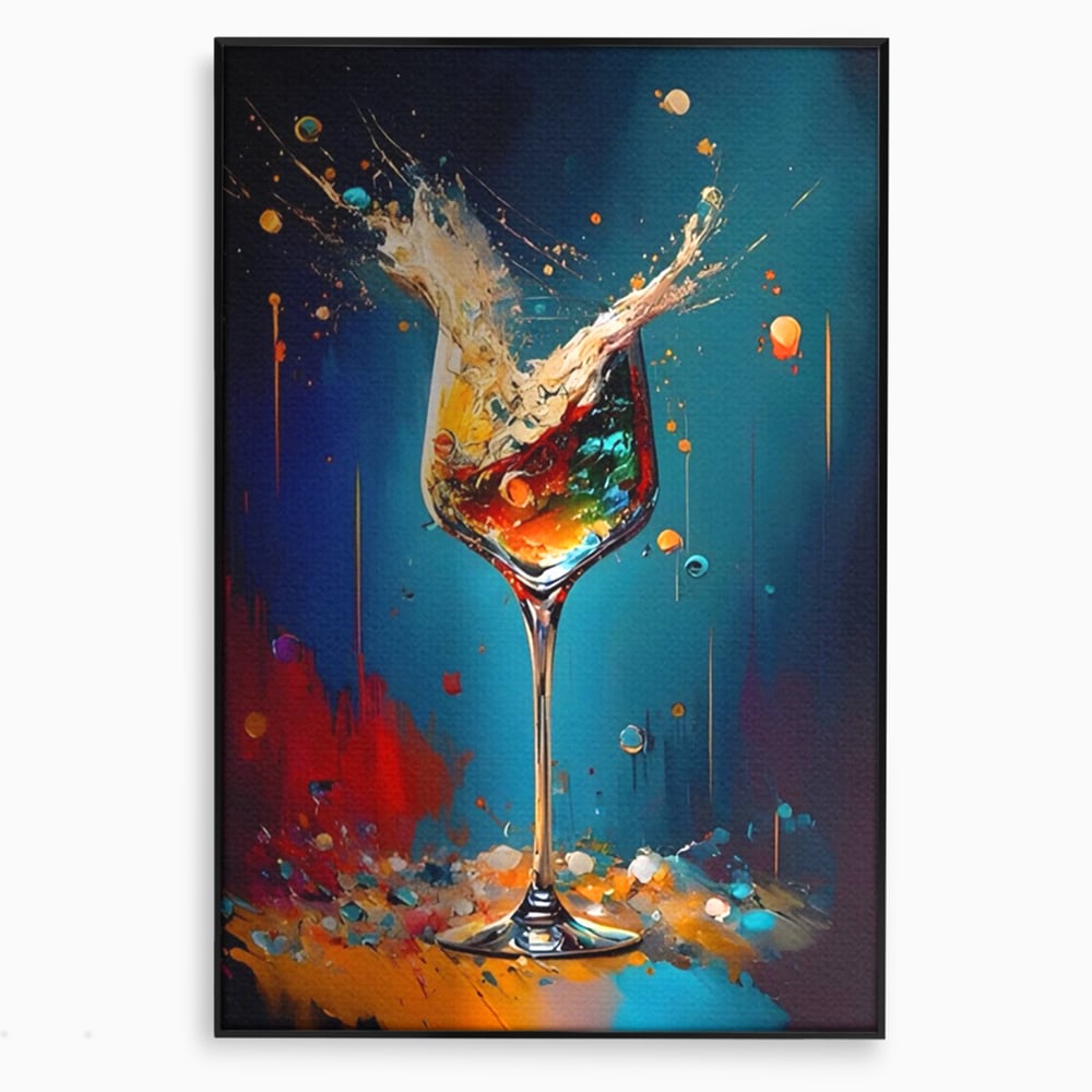 Tablou canvas cu tablou canvas cu pahar de cocktail si stropi colorati, in rama de aluminiu negru