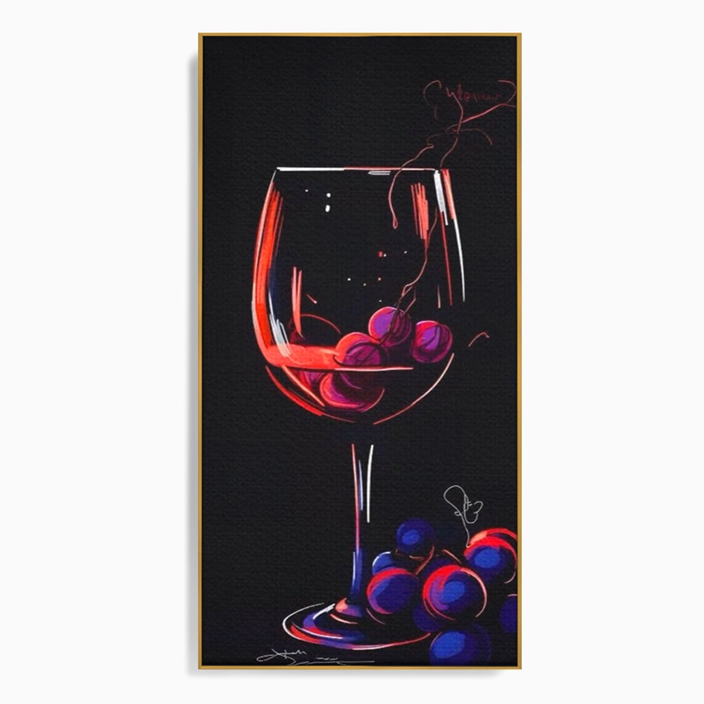 Tablou canvas cu tablou canvas cu pahar de vin si struguri, in rama de aluminiu auriu