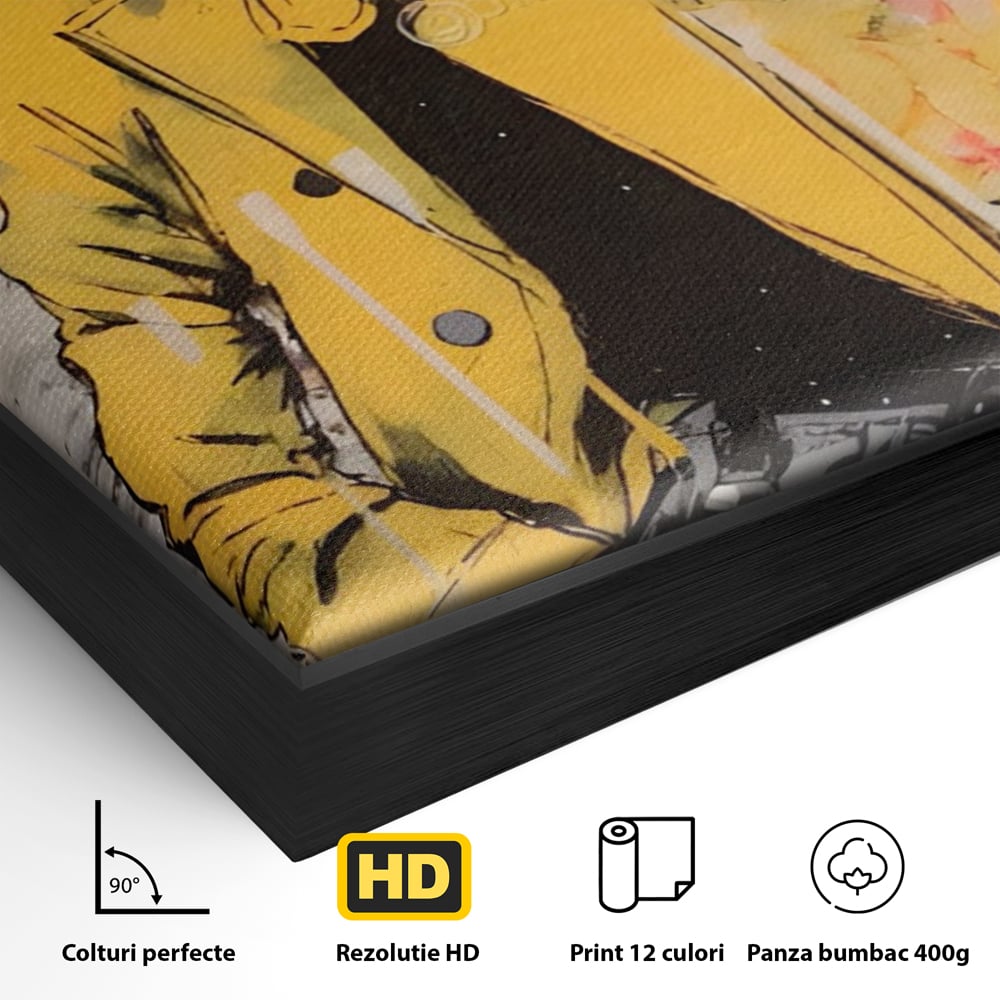Detaliu al suprafetei: tablou canvas cu femeie in jacheta galbena, in rama de aluminiu negru