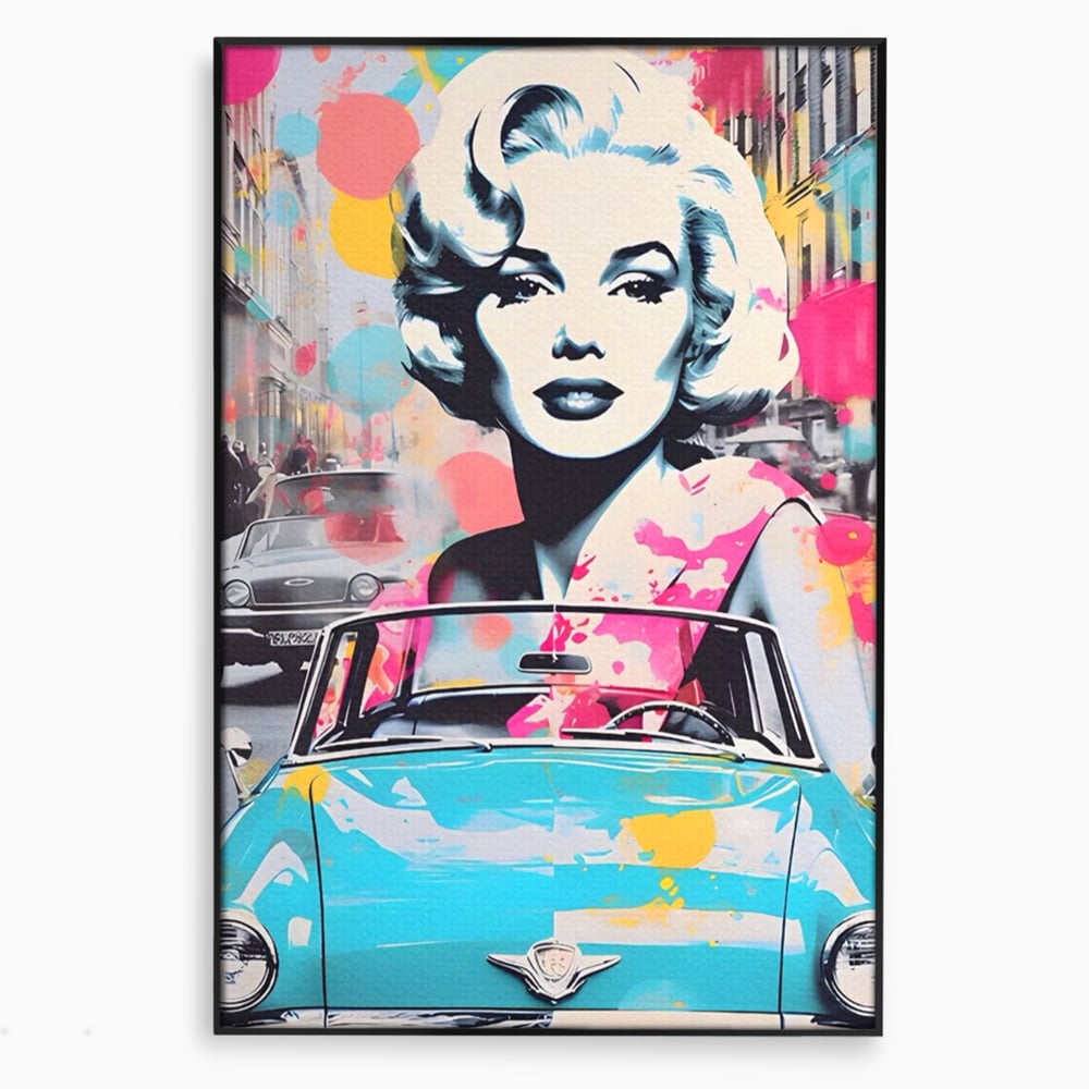 Tablou canvas cu tablou canvas cu marilyn monroe si masina, in rama de aluminiu negru