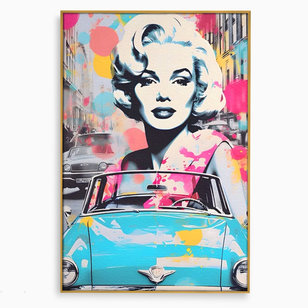 Tablou canvas cu tablou canvas cu marilyn monroe si masina, in rama de aluminiu auriu