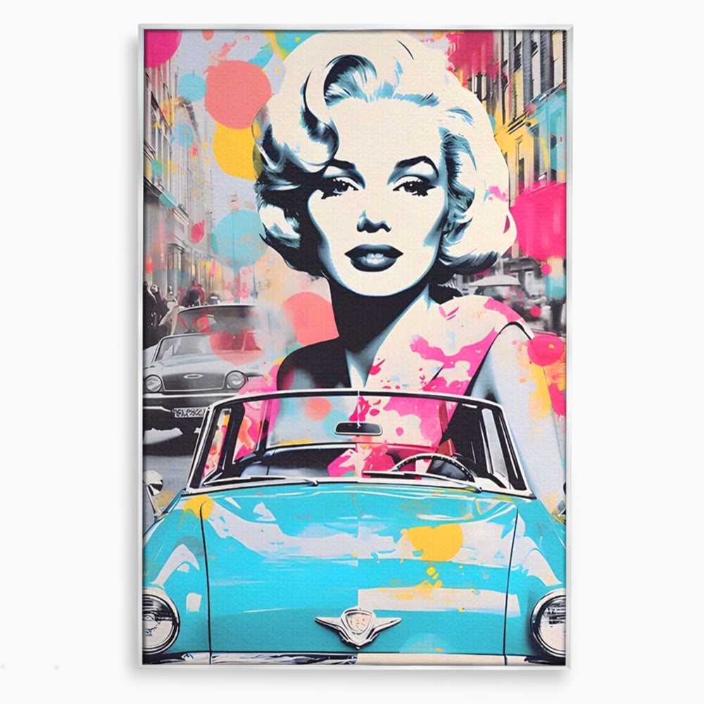Tablou canvas cu tablou canvas cu marilyn monroe si masina, in rama de aluminiu argintiu