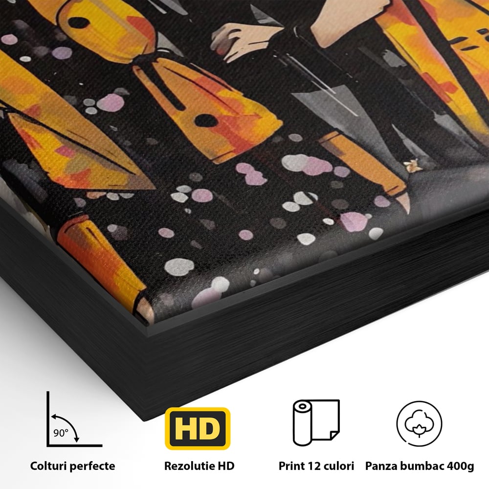 Detaliu al suprafetei: ilustratie cu doua femei fashion, in rama de aluminiu negru