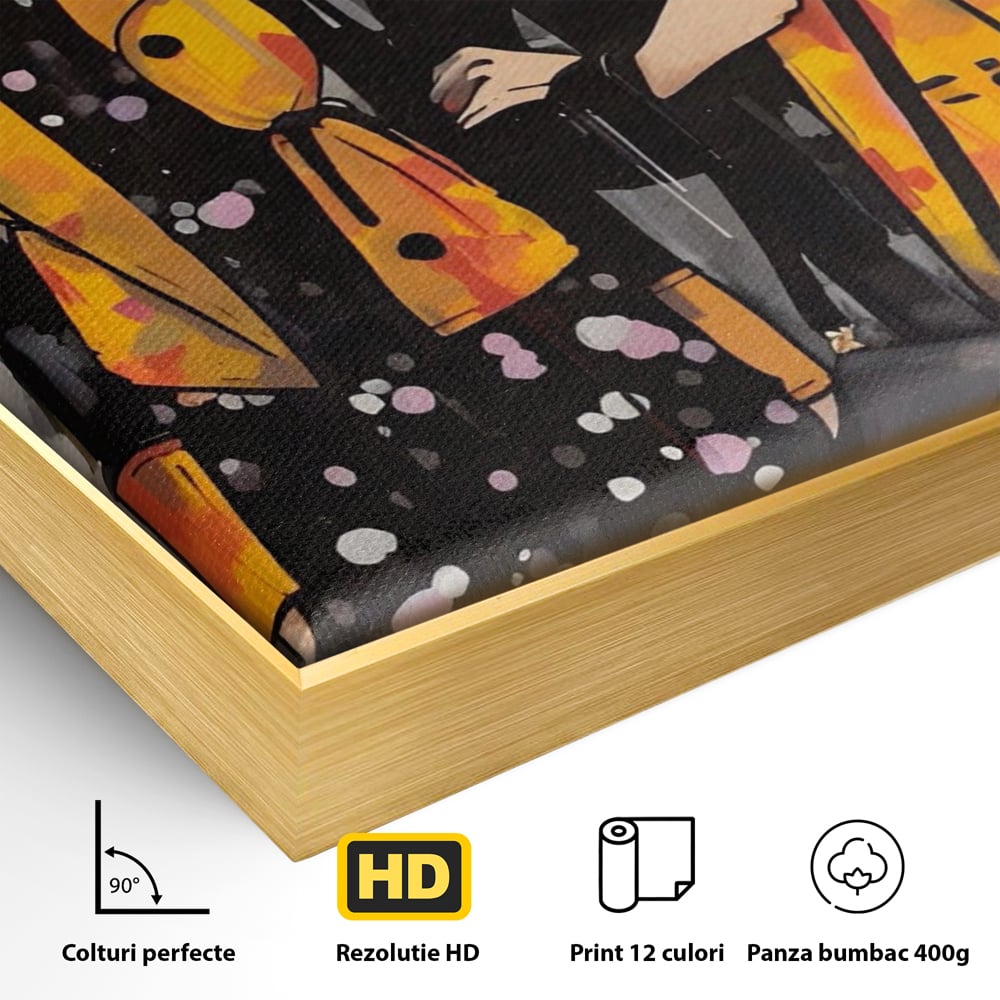 Detaliu al suprafetei: ilustratie cu doua femei fashion, in rama de aluminiu auriu