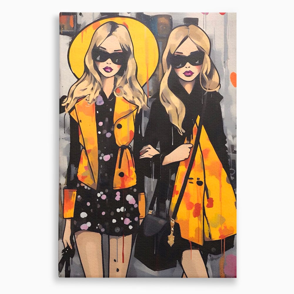 Tablou canvas cu ilustratie cu doua femei fashion, fara rama, pe sasiu de lemn