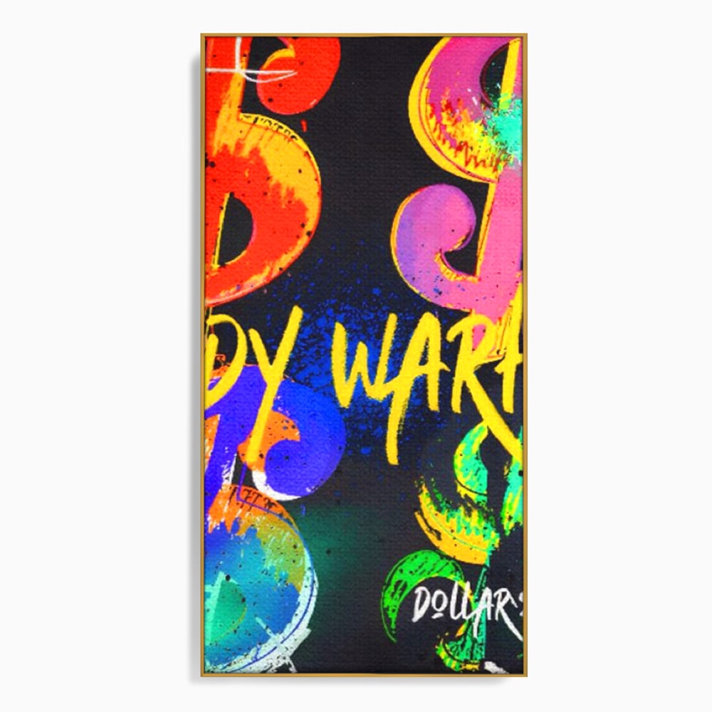 Tablou canvas cu tablou canvas cu simboluri dollar colorate, in rama de aluminiu auriu
