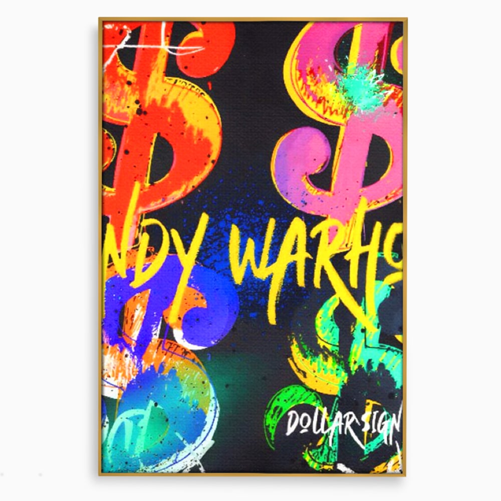 Tablou canvas cu tablou canvas cu simboluri dollar colorate, in rama de aluminiu auriu