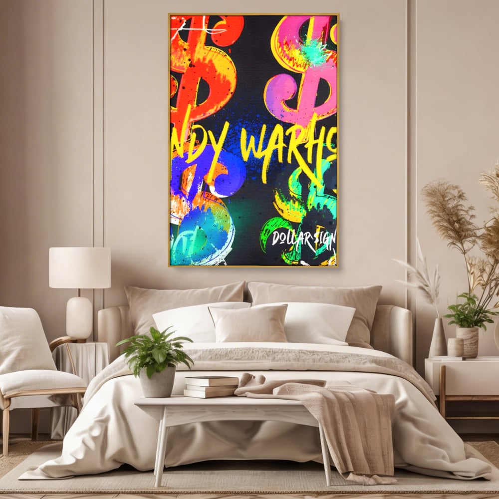 Tablou canvas cu tablou canvas cu simboluri dollar colorate, in rama de aluminiu auriu, pe perete intr-un dormitor