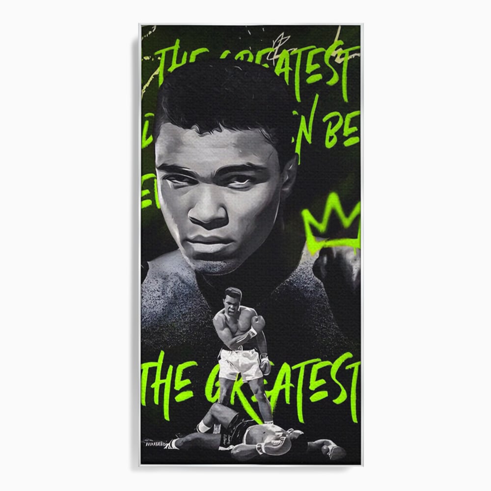 Tablou canvas cu tablou canvas cu portretul lui muhammad ali, in rama de aluminiu argintiu
