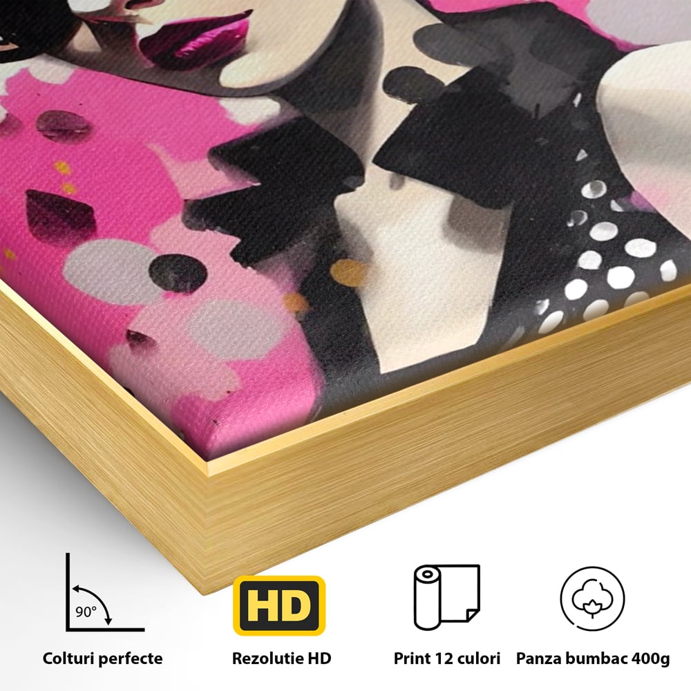 Detaliu al suprafetei: tablou canvas cu femeie stilizata, in rama de aluminiu auriu