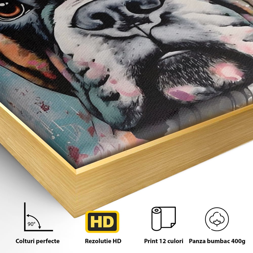 Detaliu al suprafetei: tablou canvas cu cap de boxer, in rama de aluminiu auriu