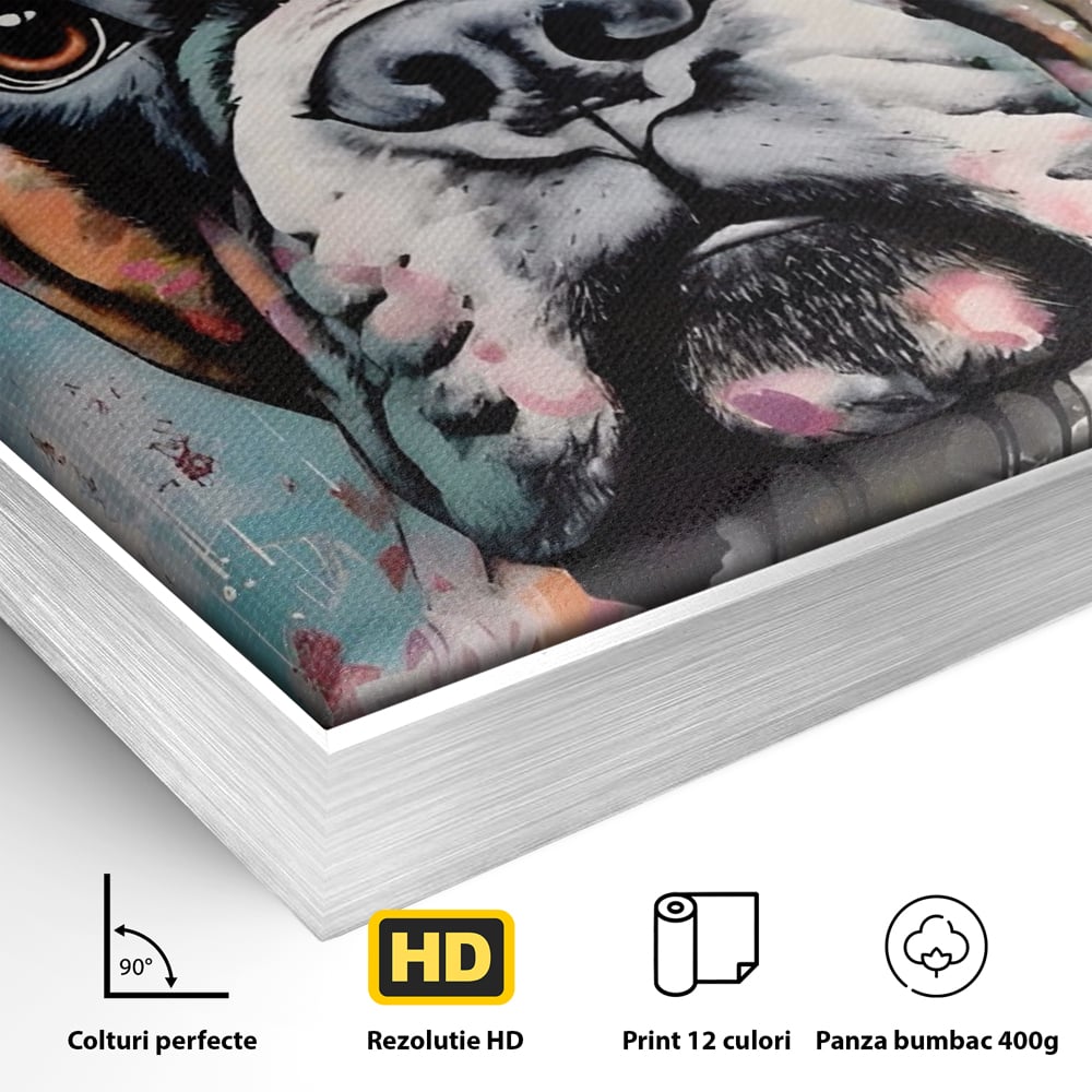 Detaliu al suprafetei: tablou canvas cu cap de boxer, in rama de aluminiu argintiu