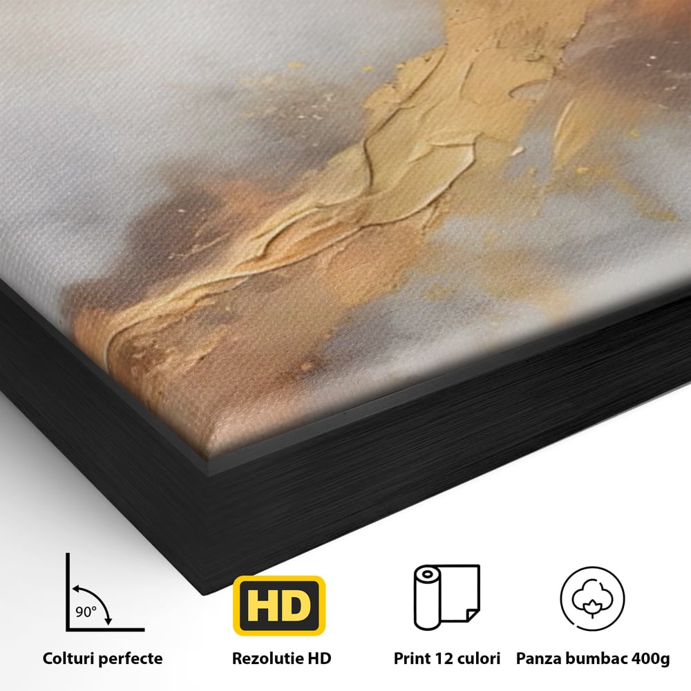 Detaliu al suprafetei: pictura abstracta cu tusa aurie in relief, in rama de aluminiu negru