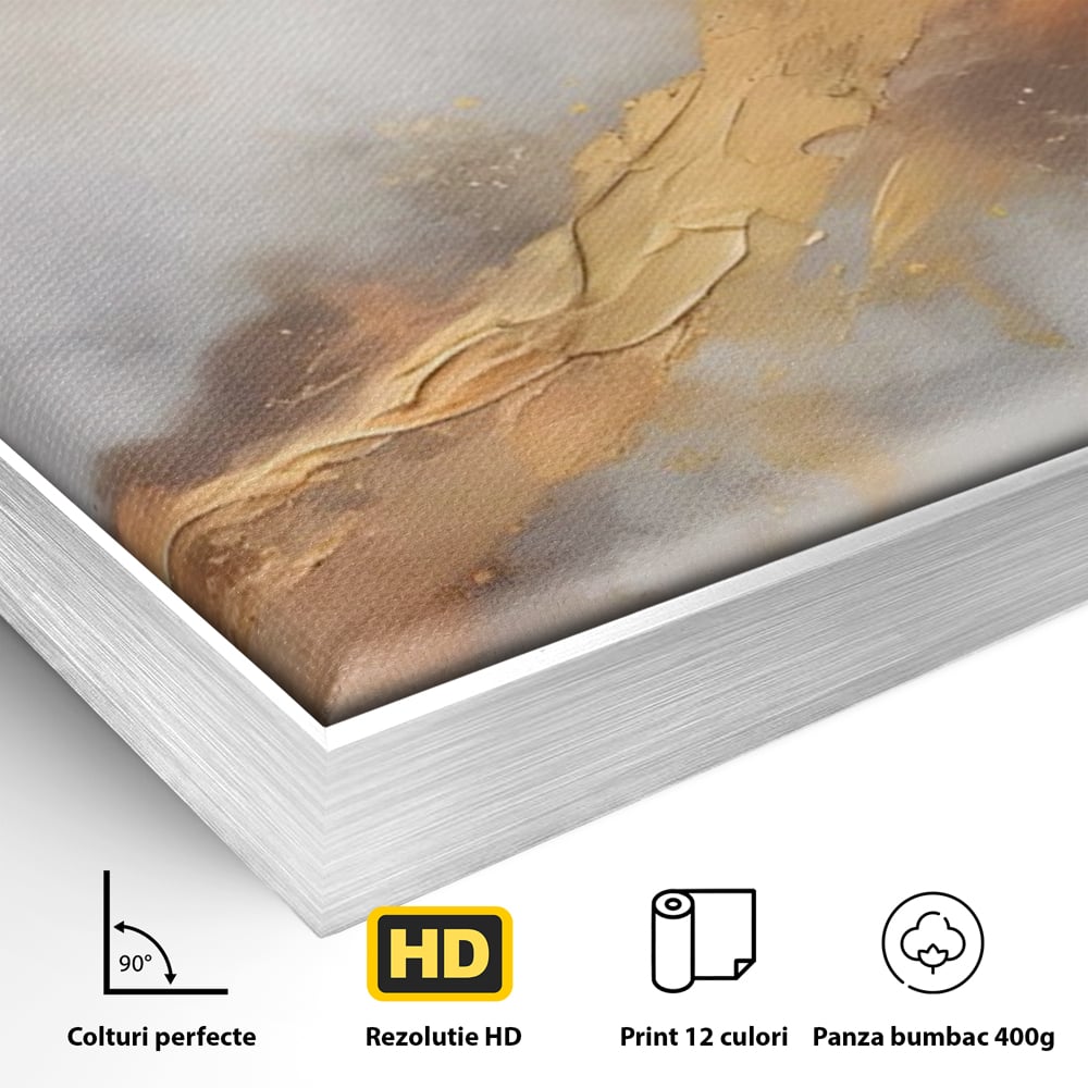 Detaliu al suprafetei: pictura abstracta cu tusa aurie in relief, in rama de aluminiu argintiu