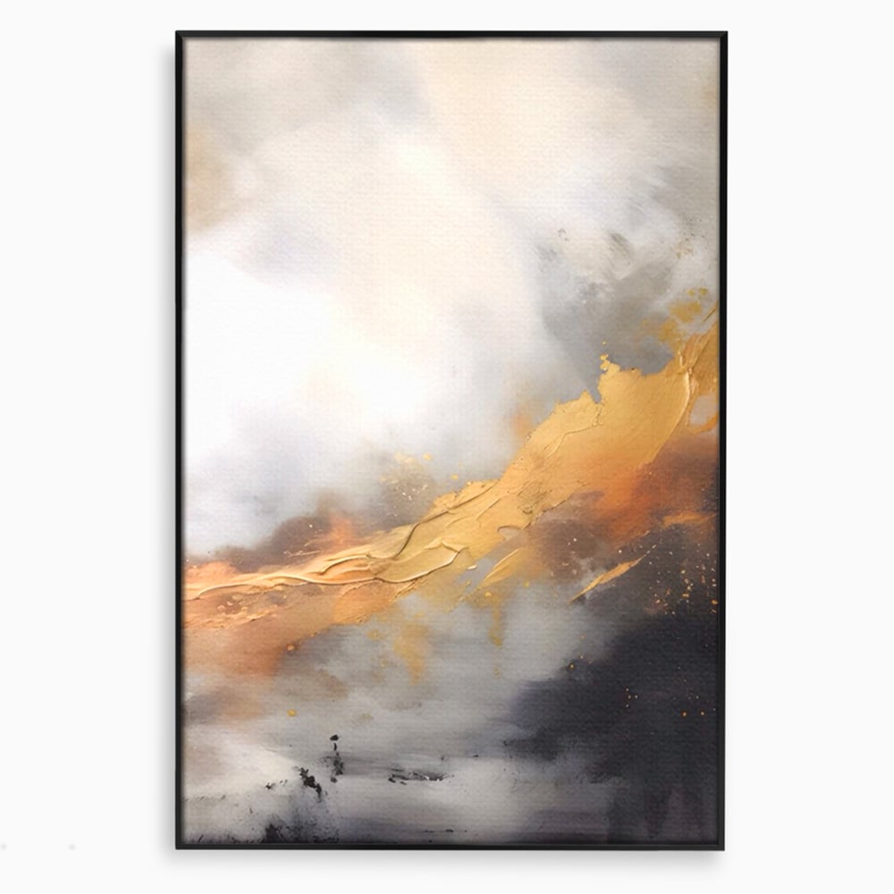 Tablou canvas cu pictura abstracta cu tusa aurie in relief, in rama de aluminiu negru