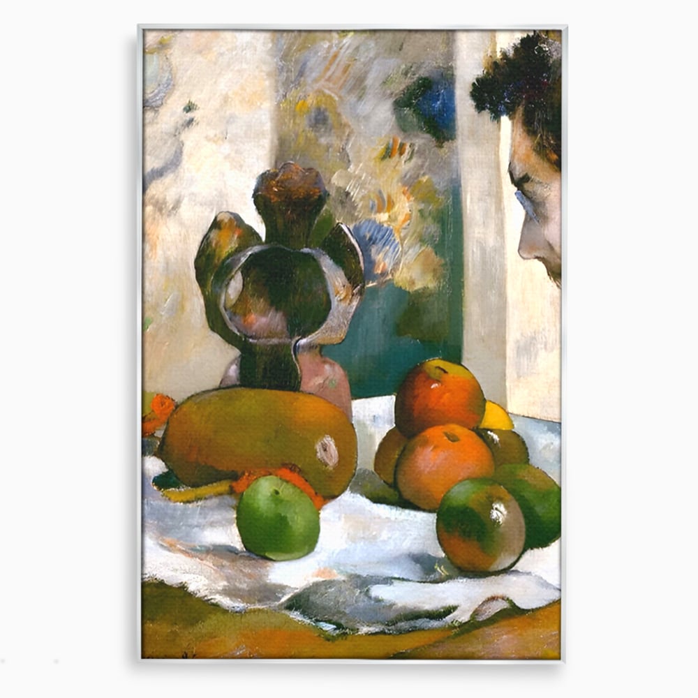 Tablou canvas cu pictura natura moarta cu fructe si vaza, in rama de aluminiu argintiu