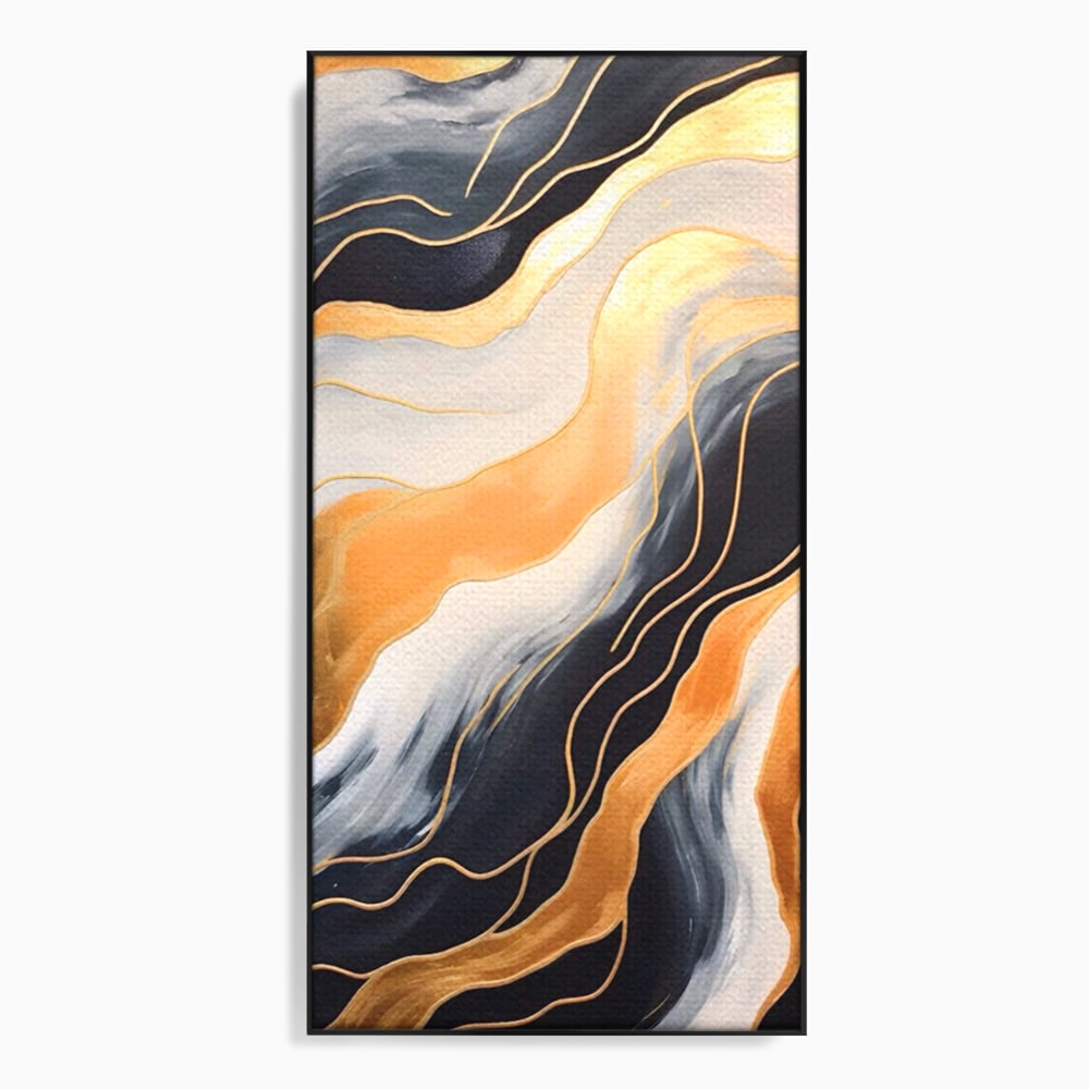 Tablou canvas cu pictura abstracta cu valuri aurii, in rama de aluminiu negru