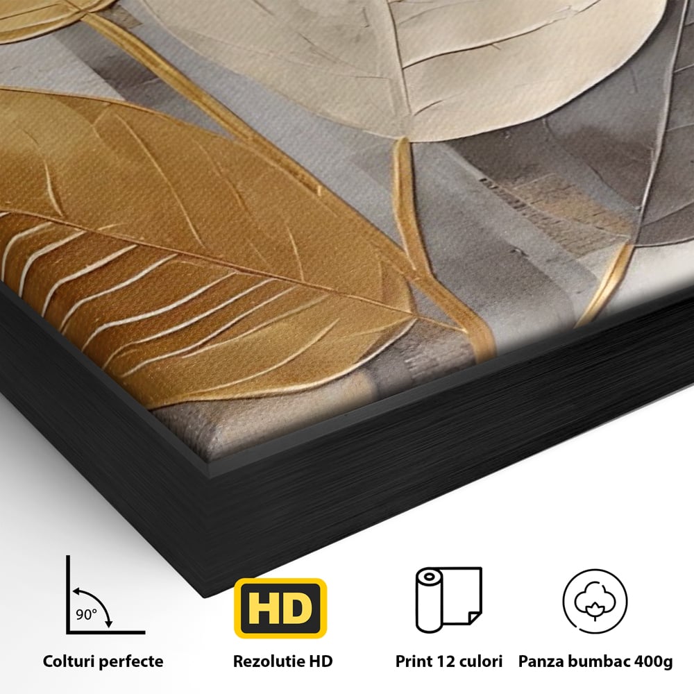 Detaliu al suprafetei: tablou canvas cu frunze aurii texturate, in rama de aluminiu negru