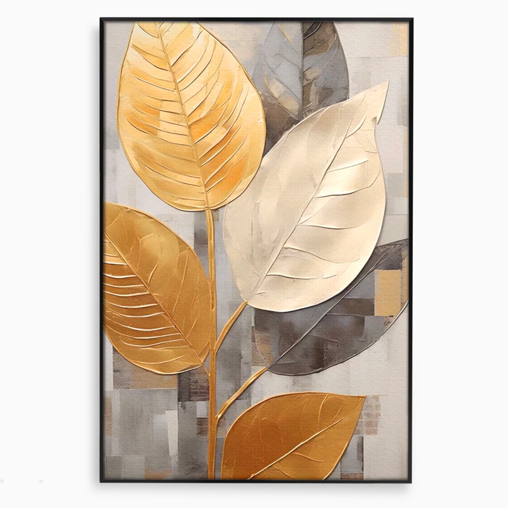 Tablou canvas cu tablou canvas cu frunze aurii texturate, in rama de aluminiu negru