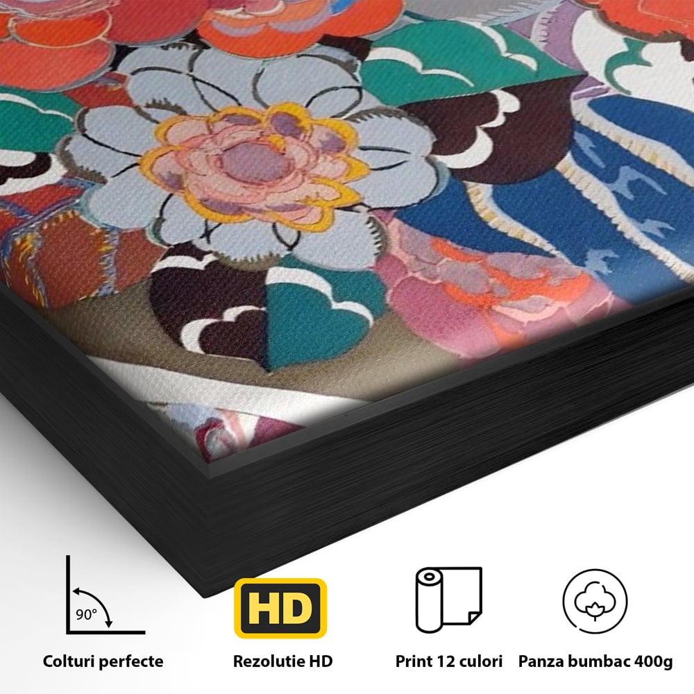 Detaliu al suprafetei: tablou patrat cu flori colorate in cerc, in rama de aluminiu negru