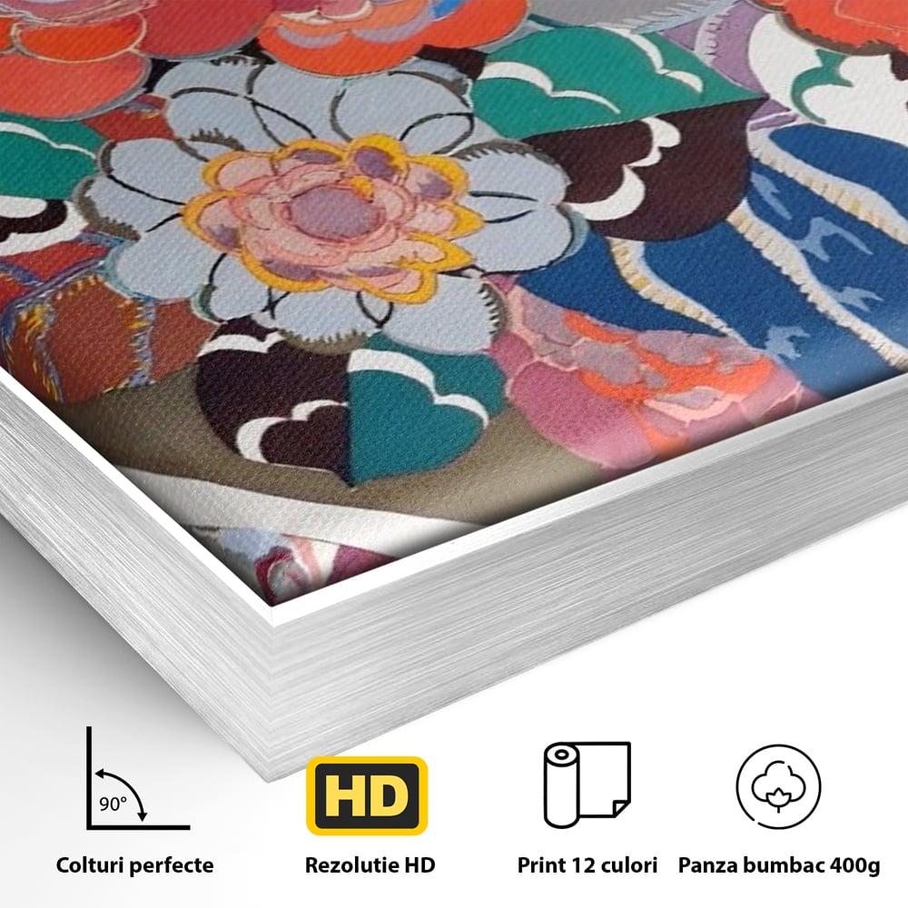 Detaliu al suprafetei: tablou patrat cu flori colorate in cerc, in rama de aluminiu argintiu