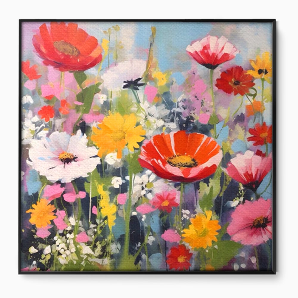 Tablou canvas cu pictura cu camp plin de flori colorate, in rama de aluminiu negru