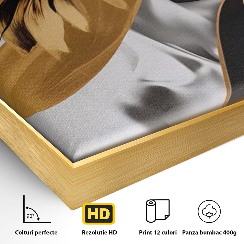 Detaliu al suprafetei: tablou canvas cu portret de femeie si floarea-soarelui, in rama de aluminiu auriu