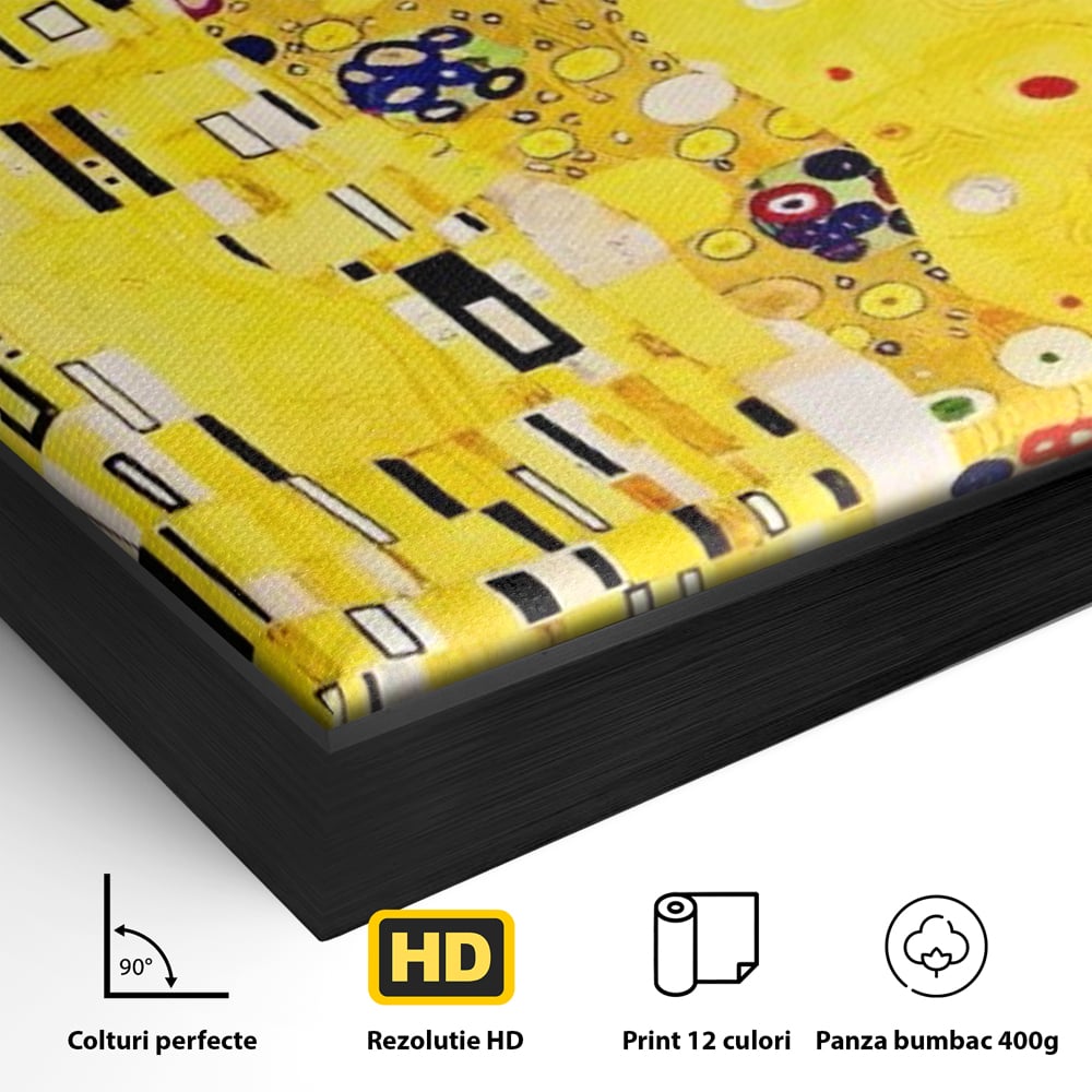 Detaliu al suprafetei: reproducere pictura celebrul sarut klimt, in rama de aluminiu negru