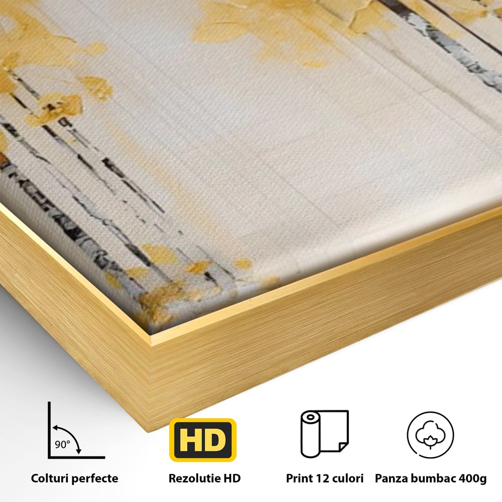 Detaliu al suprafetei: pictura verticala cu padure aurie, in rama de aluminiu auriu