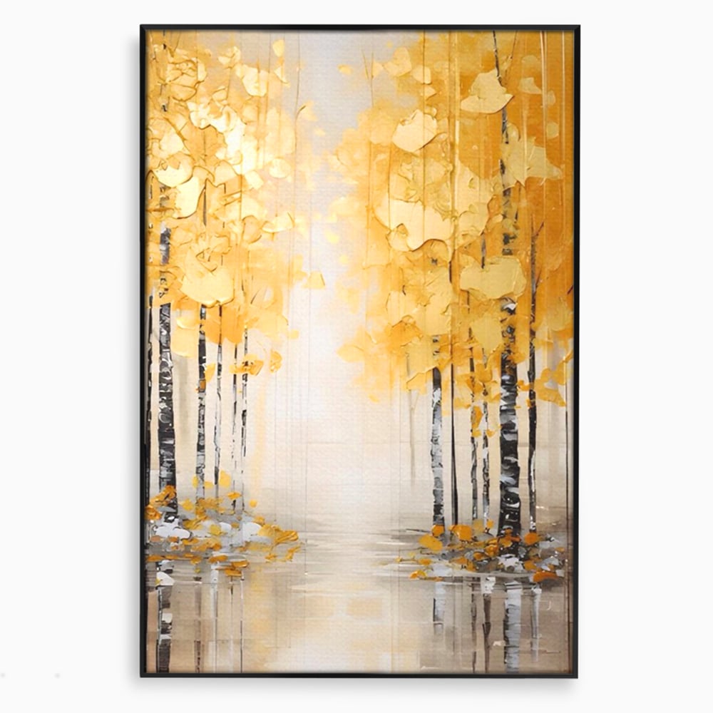 Tablou canvas cu pictura verticala cu padure aurie, in rama de aluminiu negru