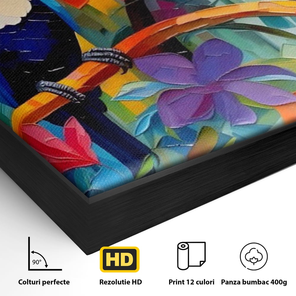 Detaliu al suprafetei: tablou canvas cu tucani colorati, in rama de aluminiu negru