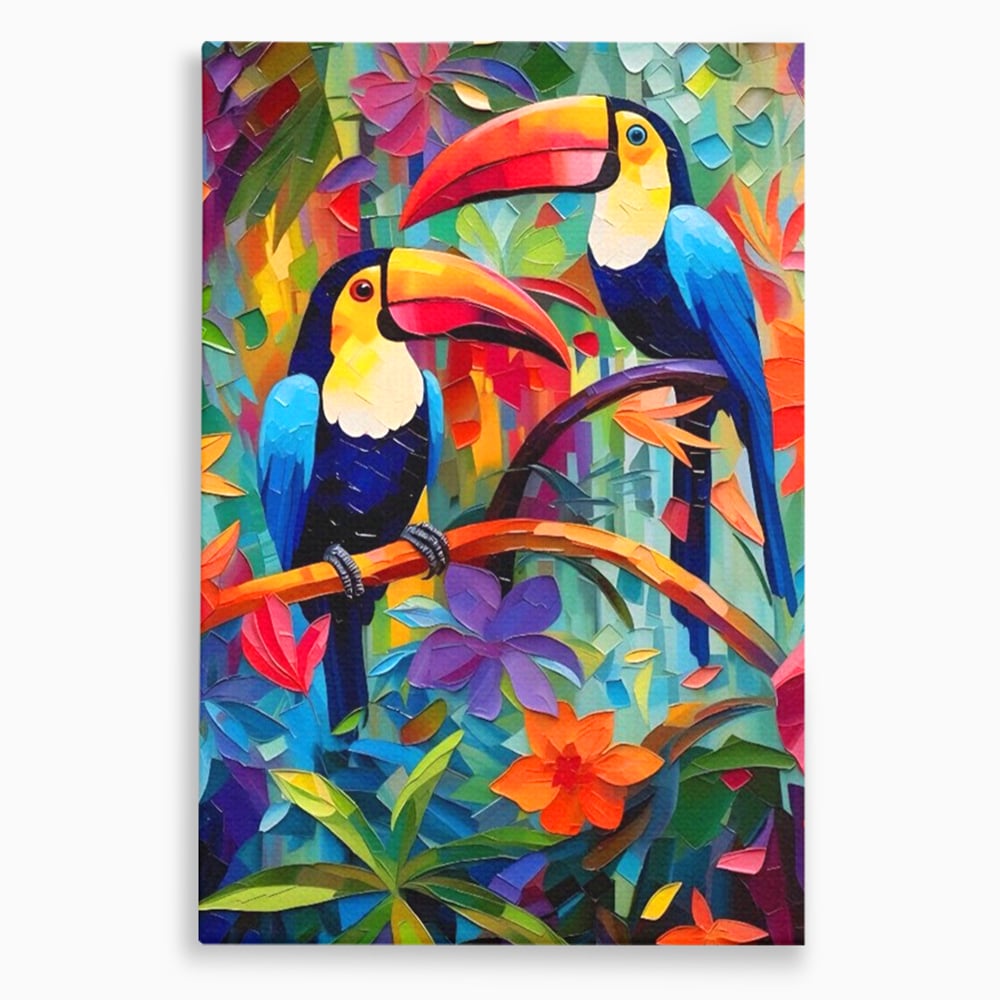 Tablou canvas cu tablou canvas cu tucani colorati, fara rama, pe sasiu de lemn