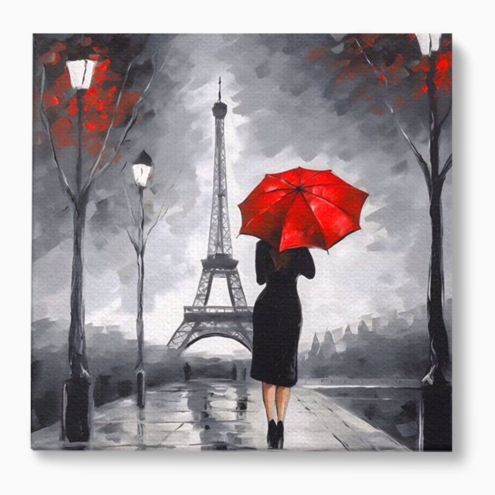 Tablou canvas cu pictura cu femeie si umbrela rosie, fara rama, pe sasiu de lemn