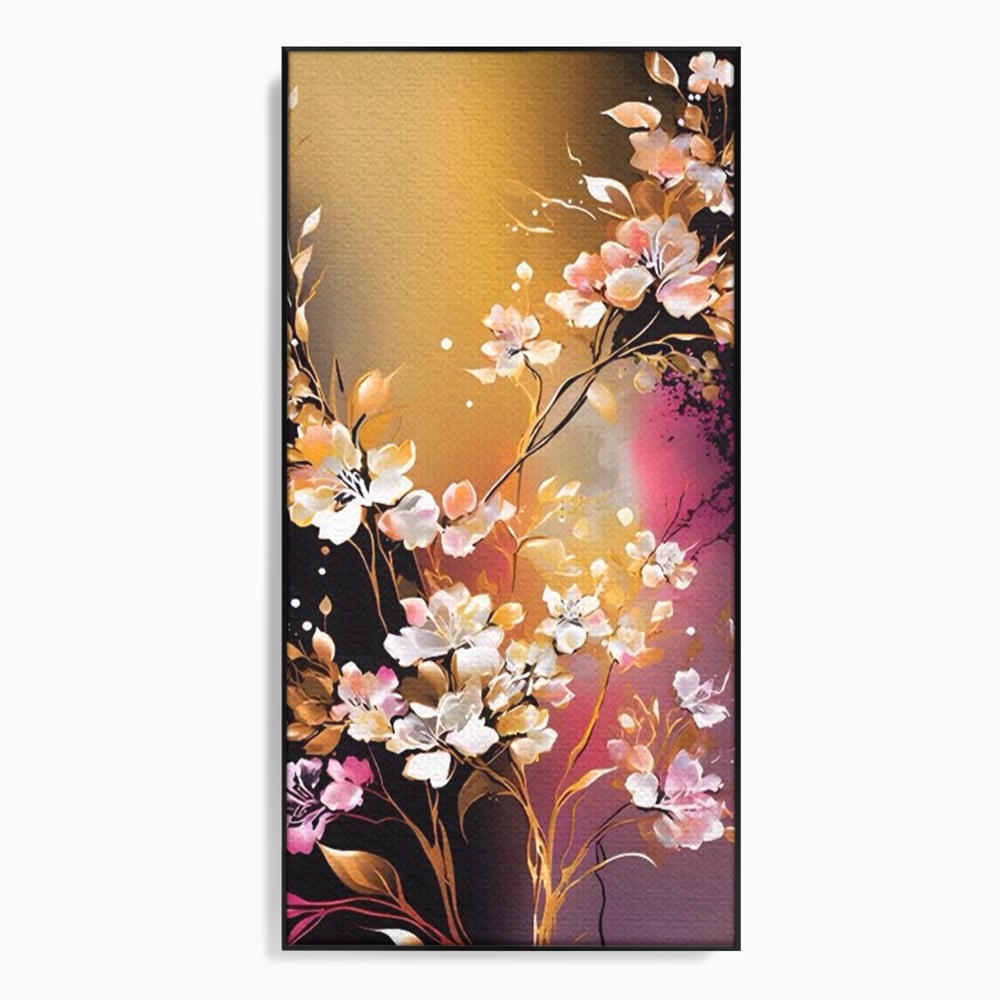 Tablou canvas cu pictura verticala cu ramura inflorita, in rama de aluminiu negru