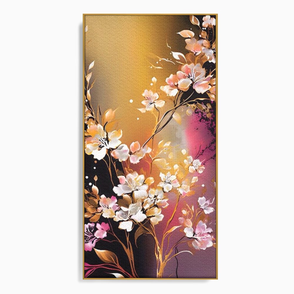 Tablou canvas cu pictura verticala cu ramura inflorita, in rama de aluminiu auriu